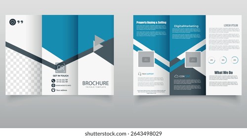 Modern Blue Corporate Trifold Brochure Template. Clean and professional blue trifold brochure template with geometric layout and placeholder text, ideal for business, marketing, and real estate use.