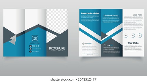 Modern Blue Corporate Trifold Brochure Template. Clean and professional blue trifold brochure template with geometric layout and placeholder text, ideal for business, marketing, and real estate use.