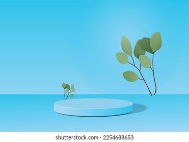 Modern blue cylinder pedestal podium. Blue pastel circle backdrop with green leaf decorate. Vector rendering 3d shape products display presentation.