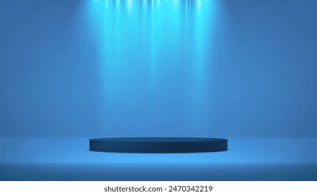 Modern blue cylinder podium with light blue empty room background. 3D abstract studio room with pedestal podium. Space for selling products on the website. Business backdrop.