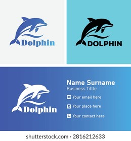 Modern blue dolphin logo concept with matching business card template, perfect for marine parks, ocean travel agencies, water sports brands, and coastal resorts