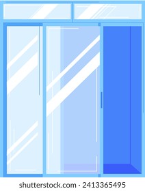 Modern blue double sliding glass door, contemporary interior element. Office or home patio exit vector illustration.