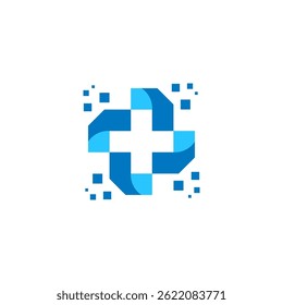 Logotipo moderno de signo azul dinámico Plus con partículas digitales