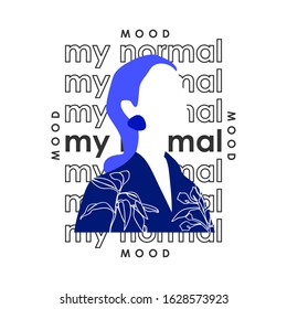 Modern blue face girl with slogan. Typography graphic print, fashion drawing for t shirt