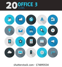 Modern blue flat design office icons, set 3, with long shadow