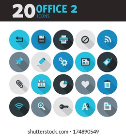 Modern blue flat design office icons, set 2, with long shadow