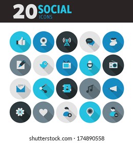 Modern blue flat design social network icons, with long shadow