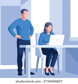 A modern blue flat vector illustration of business people working in an office, isolated on white background.
