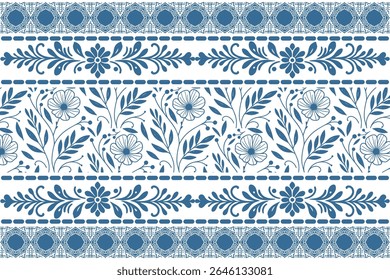 modern blue floral line border with abstract petal sketches and delicate leaf art perfect for pillow or bedsheet design

