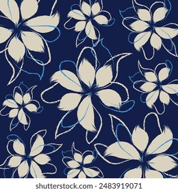 The modern blue of floral textile tropical bicolor grey and blue flower and leaves miniprint flowers geometric textile for clothes. A Seamless hand drawing pattern.