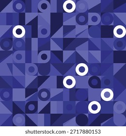 Modern blue geometric mosaic background with abstract circular eye shapes and visual symmetry design