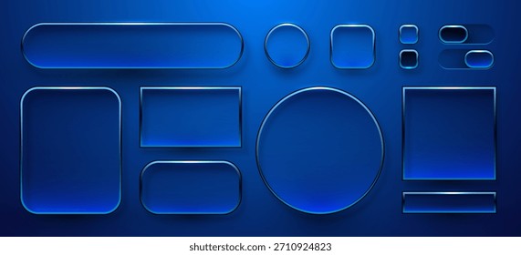 Modern blue glass UI elements with various buttons, frames, and switches, suitable for digital design projects. Vector illustration.