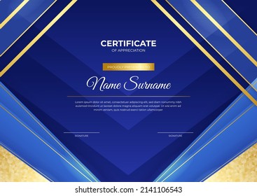 Modern blue and gold certificate of achievement border template with luxury badge and modern line pattern. Premium vector illustration for corporate award, business, and education needs