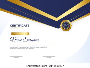 Modern Blue And Gold Certificate Of Achievement Template With Golden Badge And Border. Professional Award Diploma Design Blank. Vector Illustration For Employee Of The Month, Business Recognition