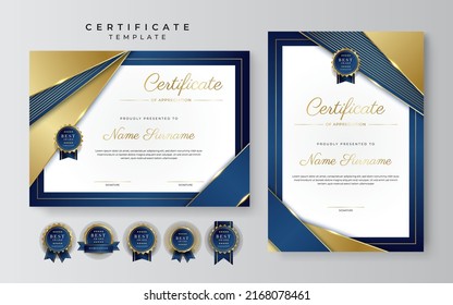 Modern blue gold certificate of achievement border template with luxury badge and modern line pattern. For award, business, and education needs