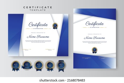 Modern blue gold certificate of achievement border template with luxury badge and modern line pattern. For award, business, and education needs