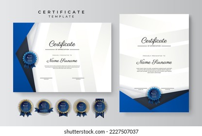 Modern blue and gold certificate of achievement template with gold badge and border