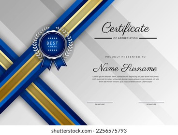 Modern blue and gold certificate of achievement award template with badge and border for business and corporate