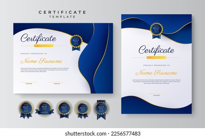 Modern blue and gold certificate of achievement award template with badge and border for business and corporate