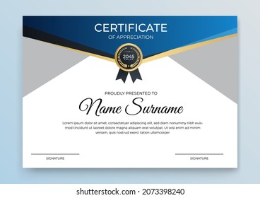 Modern blue gold certificate template. Certificate of appreciation template. Clean simple certificate frame with gold badge. Certificate border template with elegant and trendy geometric pattern