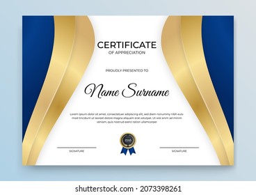 Modern blue gold certificate template. Certificate of appreciation template. Clean simple certificate frame with gold badge. Certificate border template with elegant and trendy geometric pattern