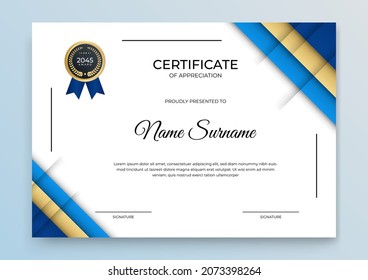 Modern blue gold certificate template. Certificate of appreciation template. Clean simple certificate frame with gold badge. Certificate border template with elegant and trendy geometric pattern