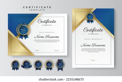 Modelo moderno de certificado de oro azul diseño vectorial, para empresas, necesidades educativas, diploma, premios de cursos en línea