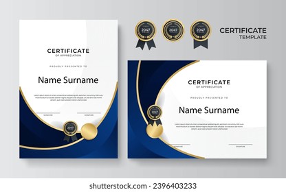 Modern blue and gold certificate template design for business and achievement award with gold badge