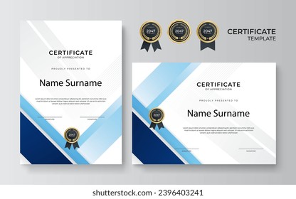 Modern blue and gold certificate template design for business and achievement award with gold badge