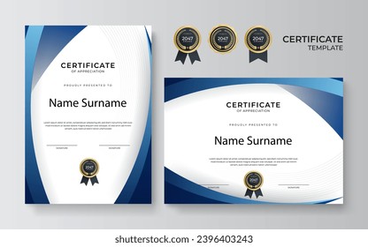 Modern blue and gold certificate template design for business and achievement award with gold badge