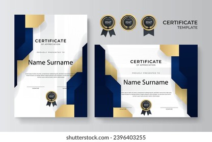 Modern blue and gold certificate template design for business and achievement award with gold badge