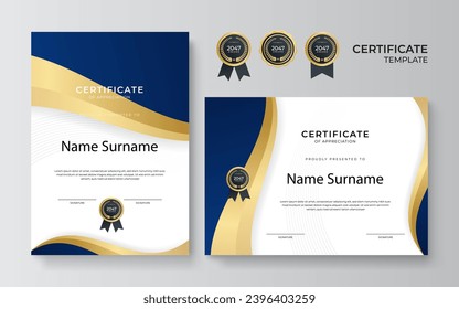 Modern blue and gold certificate template design for business and achievement award with gold badge