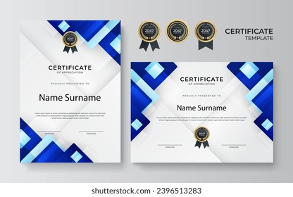 Modern blue and gold certificate template design for business and achievement award with gold badge