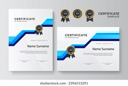 Modern blue and gold certificate template design for business and achievement award with gold badge