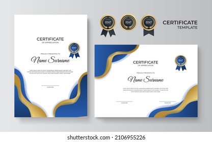 Modern blue and gold wavy border diploma certificate template design. Certificate award template with luxury pattern, diploma, and premium badges design. Vector illustration