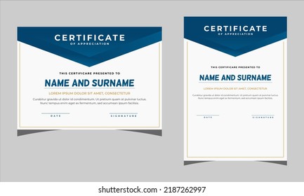 modern blue and gold wavy shape certificate, award certificate template vector illustration