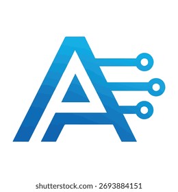 Logotipo moderno de la letra "A" en degradado azul con líneas de circuito y nodos digitales, que representan la tecnología y la innovación