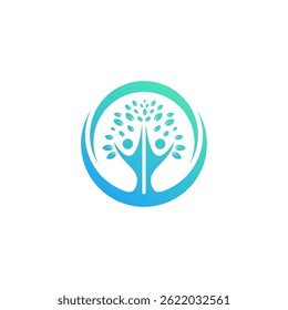 Logótipo moderno da árvore comunitária abstrata, azul a verde