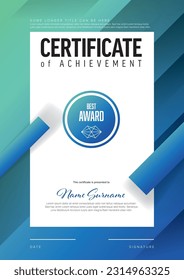 Modern blue and green certificate of achievement template with place for your content - teal and blue stripes pattern texture design with white middle. Fresh creative diploma certificate