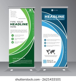 Modern blue and green color roll up business banner design with white line, vertical banner template, cover presentation background, modern publication x-banner, Roll up banner stand