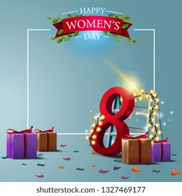 Modern blue greeting postcard template to the women's day with frame to text, gifts and garland