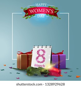 Modern blue greeting postcard template to the women's day with frame to text, rose and calendar