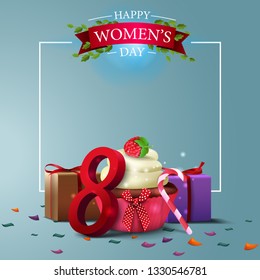Modern blue greeting postcard template to the women's day with frame to text, cupcake and raspberry berries