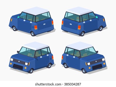 Modern blue hatchback. 3D lowpoly isometric vector illustration. The set of objects isolated against the white background and shown from different sides