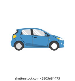 Modern blue hatchback car side view. A flat design side view of a compact blue hatchback vehicle with sleek lines and gray wheels. Ideal for automotive websites or transportation apps.