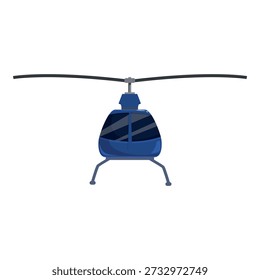Modern blue helicopter hovering in the air, rotor blades spinning, front view