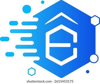 Modern blue hexagon logo with a stylized "E" and dynamic digital elements, perfect for tech and innovation brands. Clean, futuristic design with a professional touch.