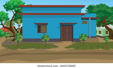 Modern Blue House in Indian Village with Tin Roof Homes, Trees, Dirt Road, Countryside Scene, Tropical Rural Architecture, Cartoon Background, Flat Design, Farming Landscape, Traditional Village Art

