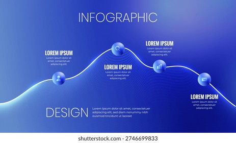 Modern Blue Infographic Design With Data Timeline Wave, Business Analytics Icons and Abstract Background