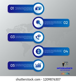 Modern blue infographic Vector design template of 5 options, steps,on the grey background. Eps 10 vector file.